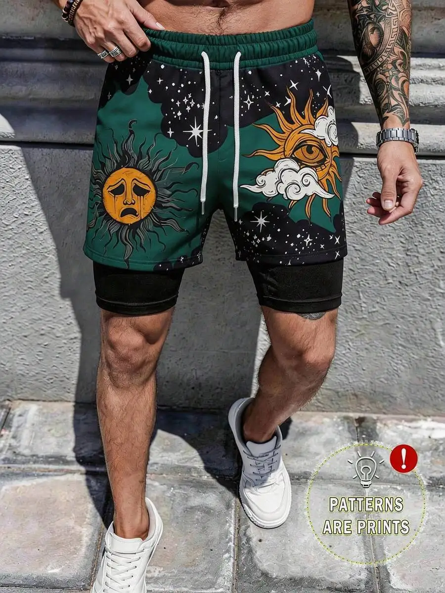 

Mens Artistic Sun And Moon Print Shorts Casual Daily Wear