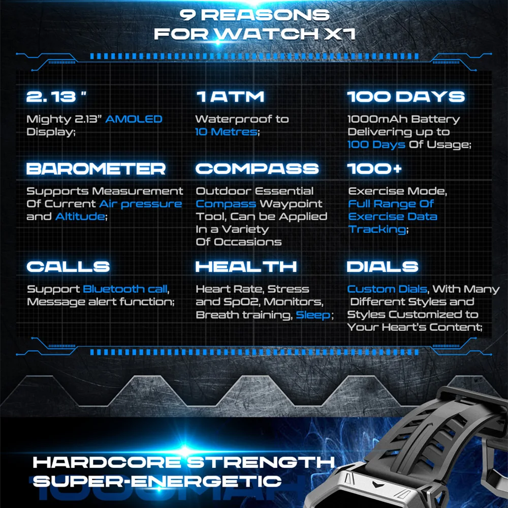 X1 Pro في الهواء الطلق وعرة ساعة ذكية 1ATM مقاوم للماء بلوتوث دعوة طويلة الاستعداد البوصلة الارتفاع ضغط الهواء AMOLED Smartwatch