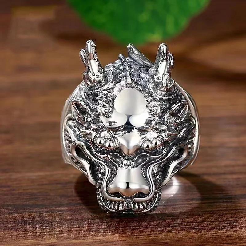 Vintage Zodiac Dragon Head Ring Male Jewlry Domineering Generous Opening Ring For Men Index Finger Accessories