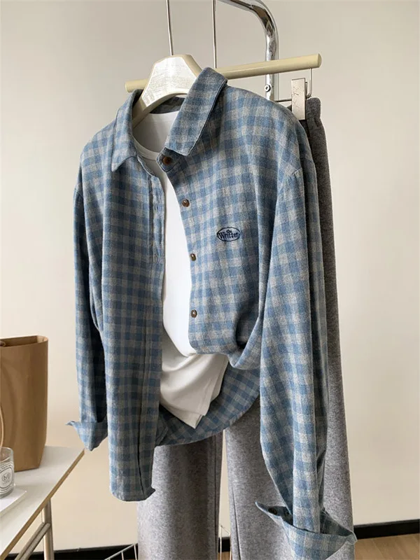 

Ретро-рубашка женская в серо-голубую клетку в корейском стиле, из выстиранного хлопка, с вышивкой, весенне-осенняя, с длинным рукавом, с воротником