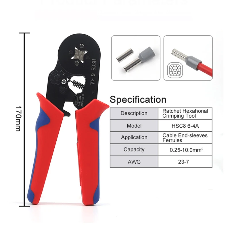 Tubular Terminal Crimping Alicate, Mini Virola Crimper Clamp, Conector Elétrico, Pontas de Reparação, Wire Tools, HSC8, 6A, 4A, 6A