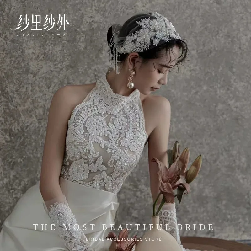 

Оригинальная французская ретро свадебная кружевная шляпа, аксессуары для волос из пряжи, элегантный жемчужный головной убор высокого класса, свадебный головной убор