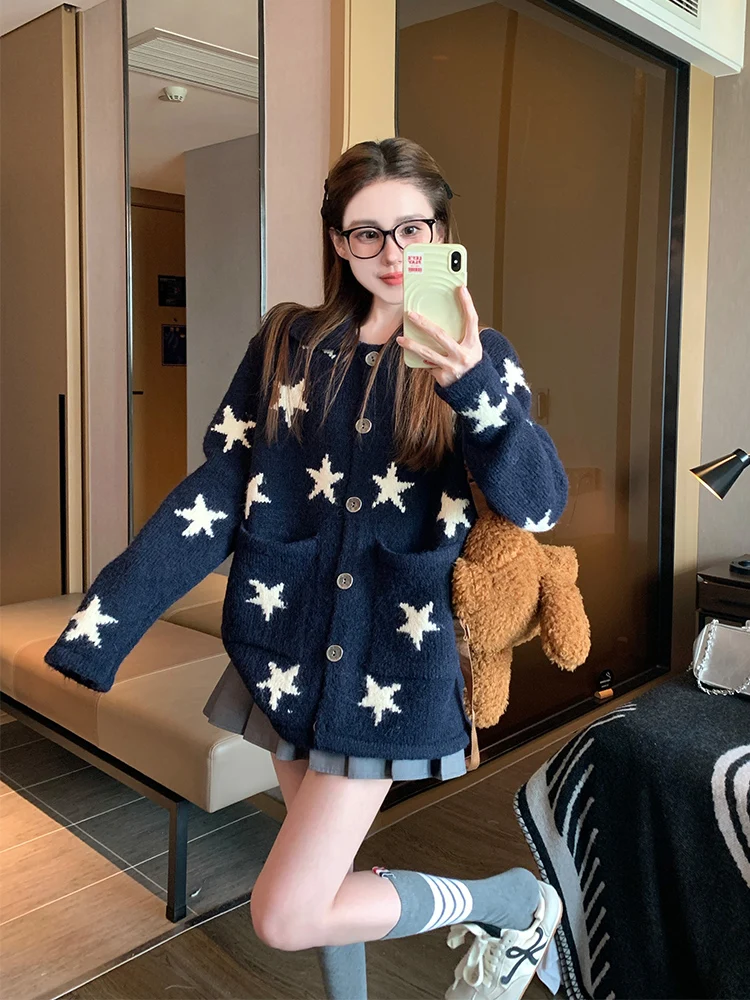 Y2K Vintage Harajuku Star Print Knitted Cardigan Women Thickened Oversized Button Down Pocket Casual Streetwear Clothes 2026