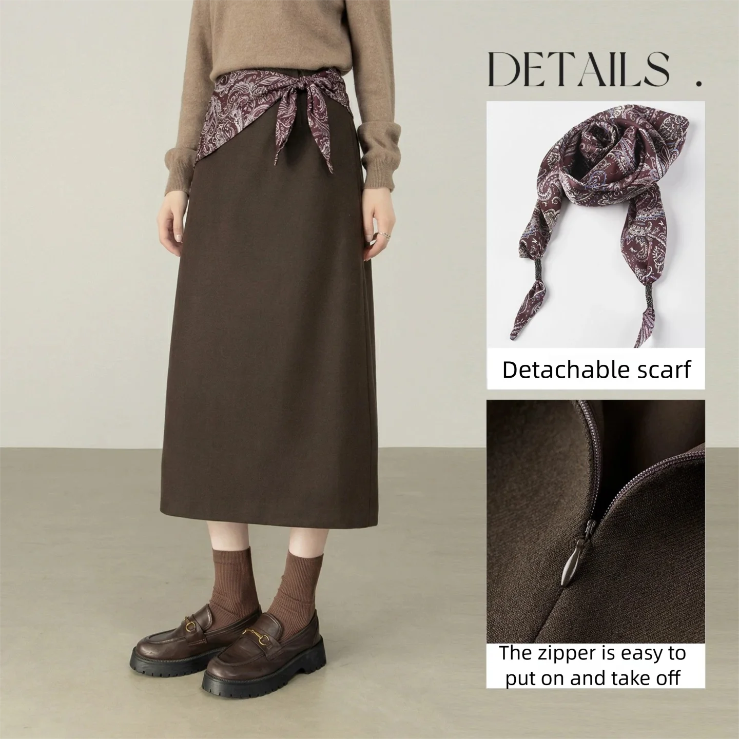 Falda de Cintura Alta para Mujer SENTUBILA 2025, Falda Recta con Bufanda Desmontable, Ropa Versátil para Otoño e Invierno, 164QA6333