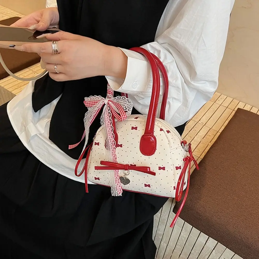 

Vintage French Style Bow Ribbons Bowling Bag Lace Ribbon Elegant Boston Shoulder Bag Large Capacity Casual Women Handbags Women