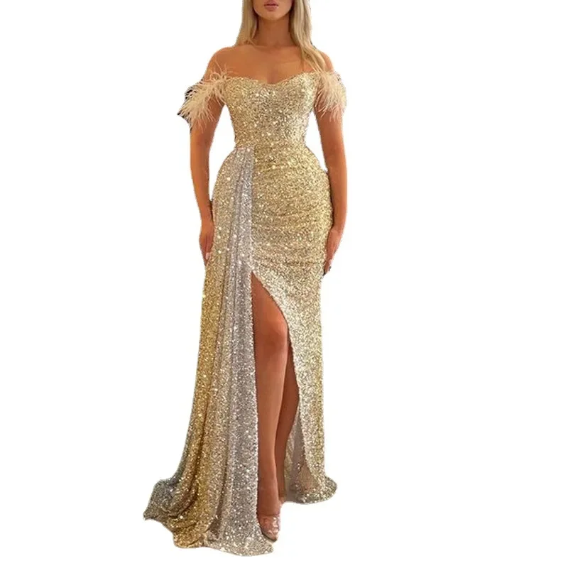 2024 Luxury Floor Length Dresses for Women Wedding Party Clothes Split Strapless Sequins Long Evening Gowns Female Gold