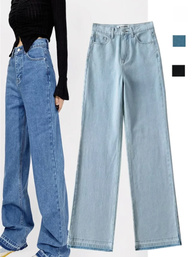 American Retro High Waist Slimming Wide Leg Jeans Sexy Design adient Floor-Length Faion Frayed  Denim Long Trousers
