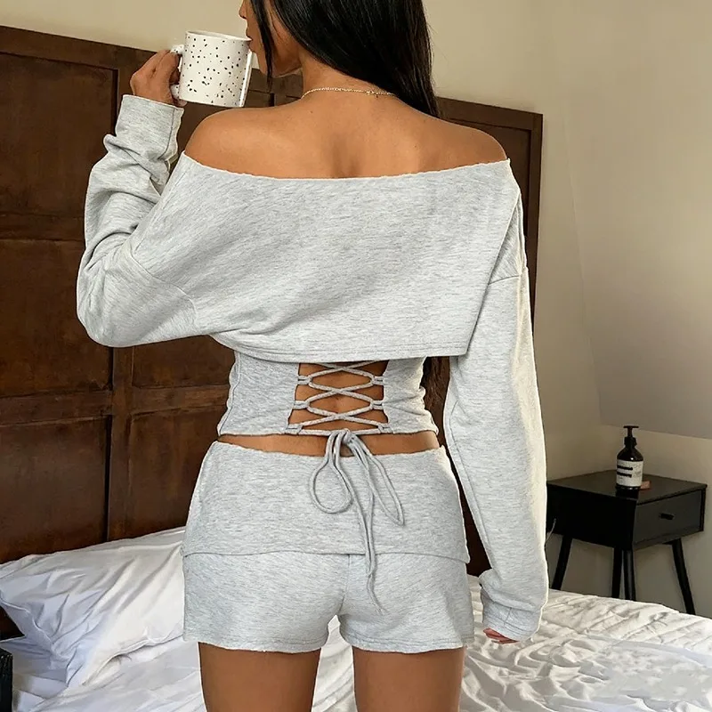 

2025 Autumn Solid Sporty Slim Casual 2 Piece Set Women Off Shoulder Slash Neck Bandage Crop Top Skinny Shorts Jogger Streetwear