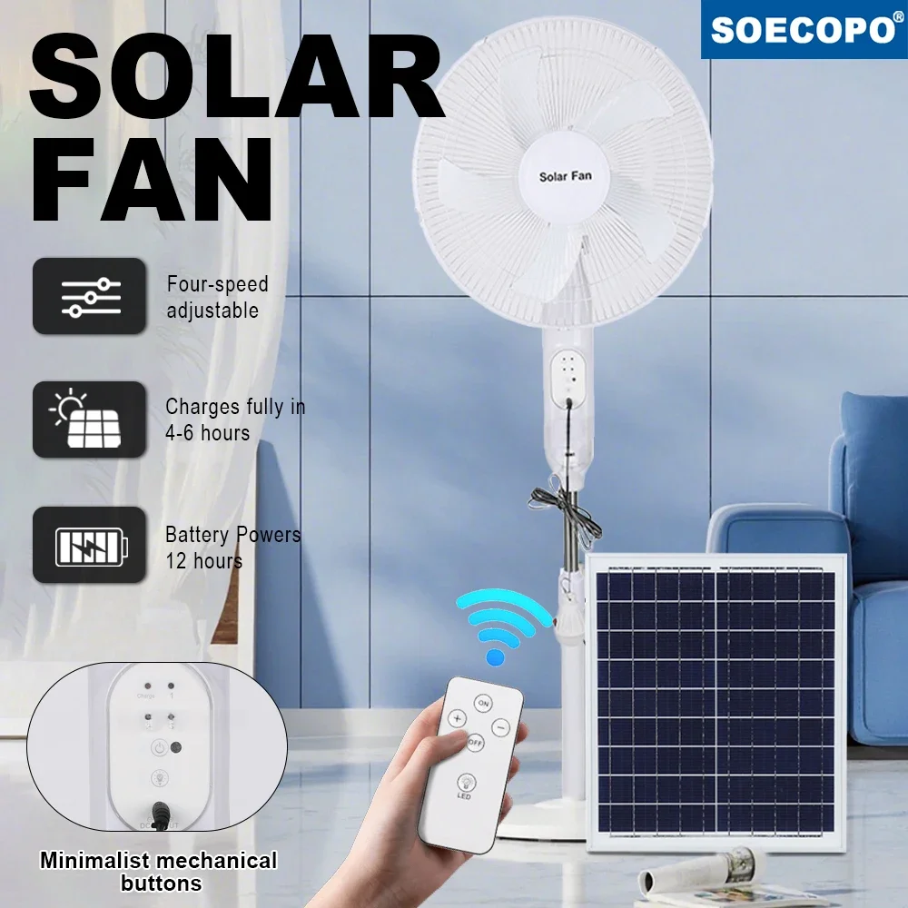 Remote/Key Control 16 - Inch Solar Fan with Solar Panels 5V Bulb Output Nightlight 12H Runtime USB & Nightlight Room Camping