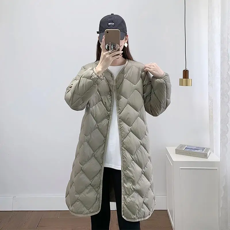 

Осенне-зимняя удлиненная женская пуховая куртка оверсайз, теплая, легкая, тонкая, с наполнителем из белого утиного пуха, с V-образным вырезом, пуховик-парка, верхняя одежда