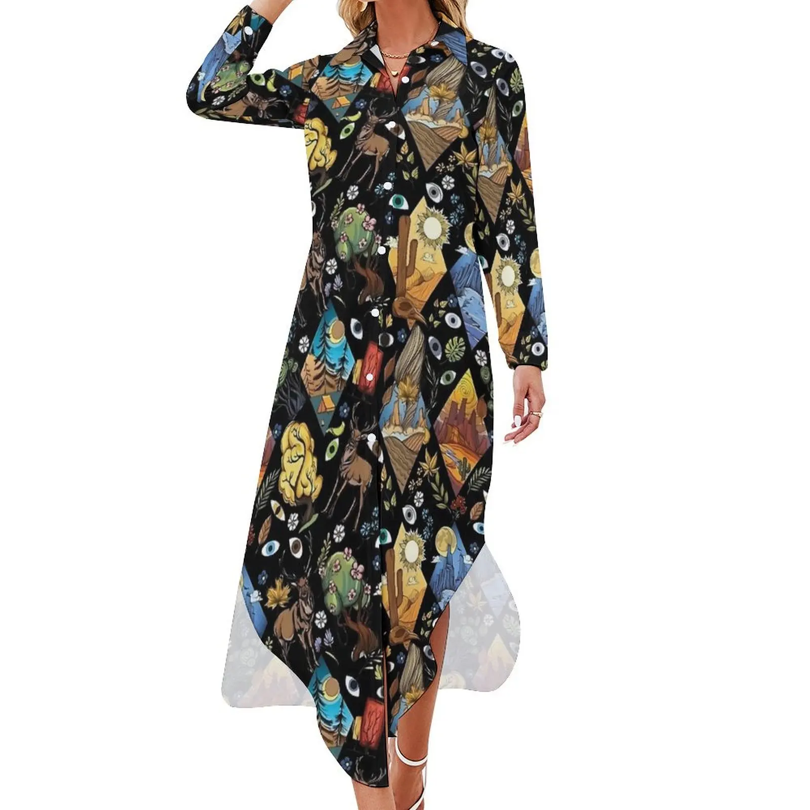 Mountain Camp with Evil Eye Chiffon Dress  Elegant Dresses Woman Long Sleeve Street Style V Neck Custom Oversized Casual Dress