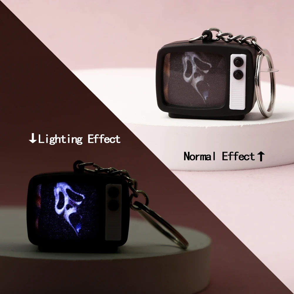 Glowing Sound Making Keychain Retro TV Bag Charm Funny Ghost Mini Pendant Spooky Flashing Light Key Chain for Party Prank Gifts