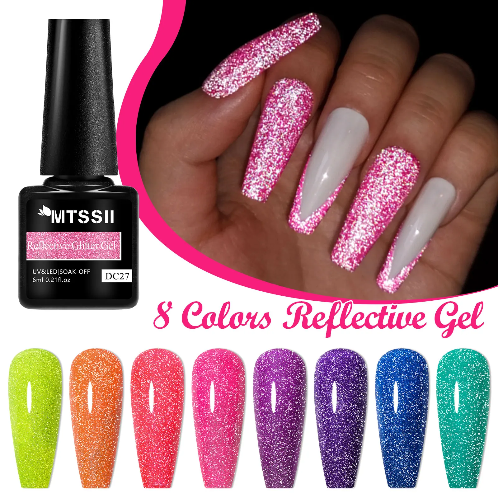 8 ชิ้น/เซ็ตสีดําสะท้อนแสงเล็บเจลชุดแชมเปญประกายเจลเคลือบเงากึ่งถาวร UV GEL Soak Off ชุดเคลือบเงา