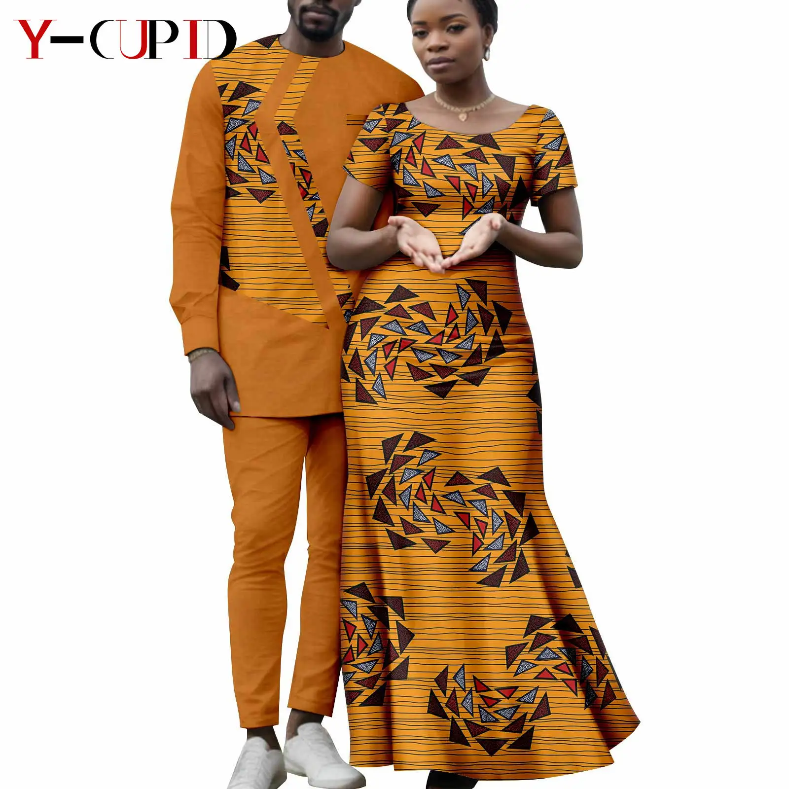 

Matching African Attire Couples Clothing Dashiki Women Print Long Dresses Bazin Riche Men Outfits Top and Pant Sets Y23C101