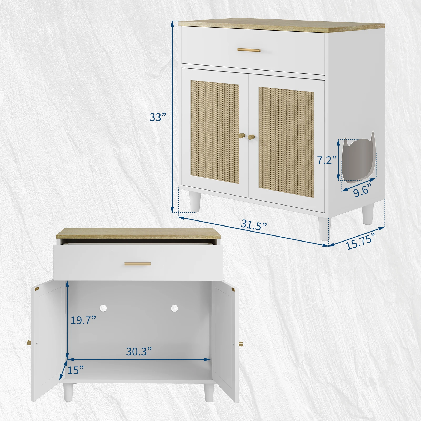 Hidden Cat Litter Box Enclosure Cabinet – White Wooden Furniture with Storage Drawer, Reversible/Sisal Doors – Dog-Proof, Space-Saving – Perfect for Living Room
