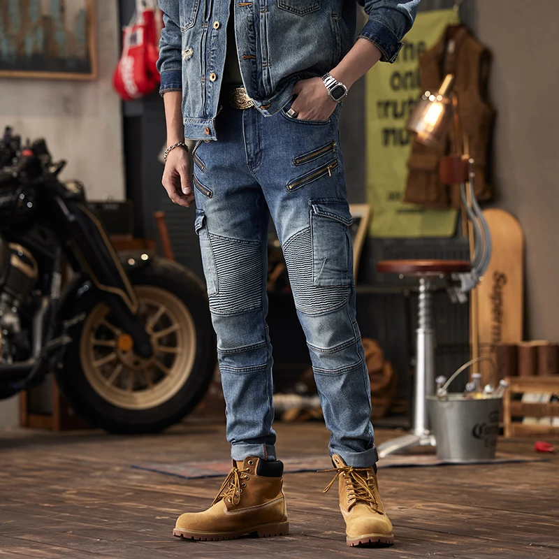 Jeans masculino plissado de carga, calça punk tapada, moda casual, estilo locomotiva, artesanato de lavagem de alta qualidade