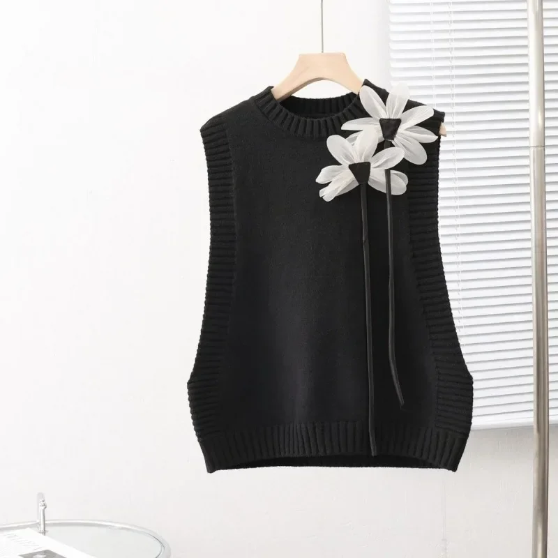 2024 New Flower Round Neck Knitted Vest Women\'s Loose Sleeveless Sweater Vest Korean Fashion Solid Color Ladies Waistcoat