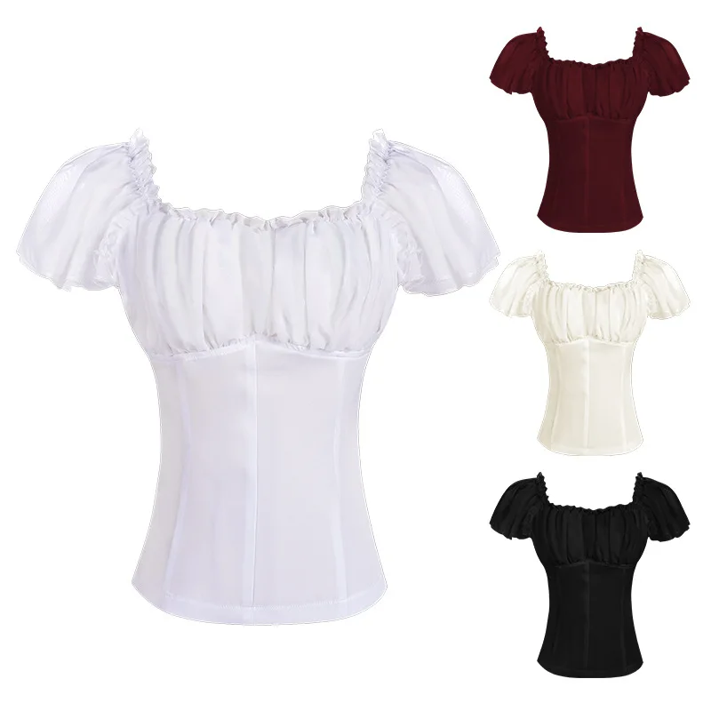 Disfraces de Halloween para mujer, blusa victoriana Medieval, corsé en la cintura, Top de pirata renacentista, ropa folclórica de Oktoberfest Buster