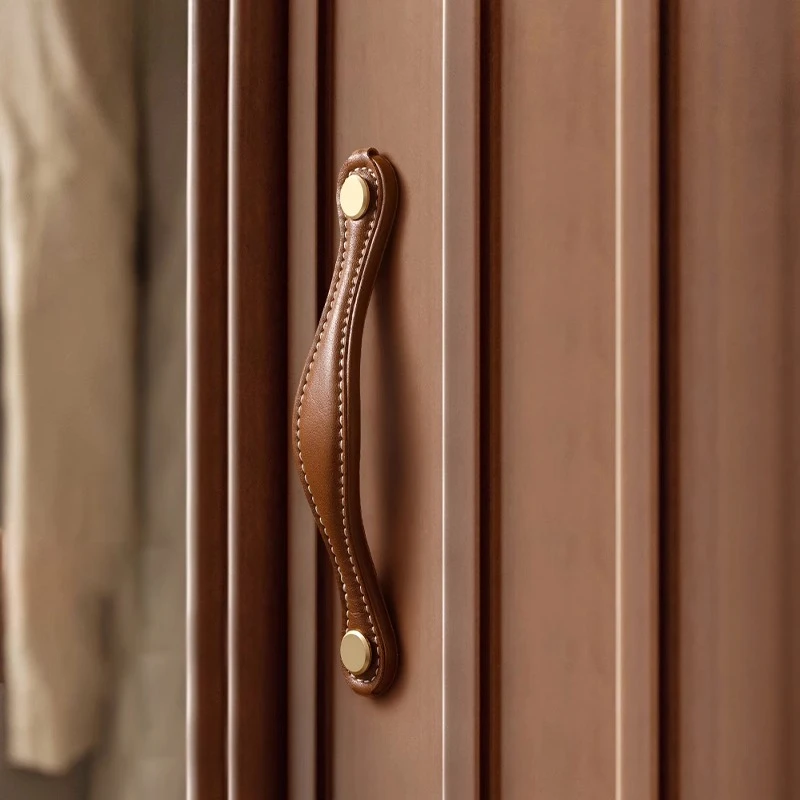 Genuine Leather Cabinet Pull Knob Mid-Century Single Hole Drawer Handle Retro Handcrafted Door Handle French Home Decor Hardware