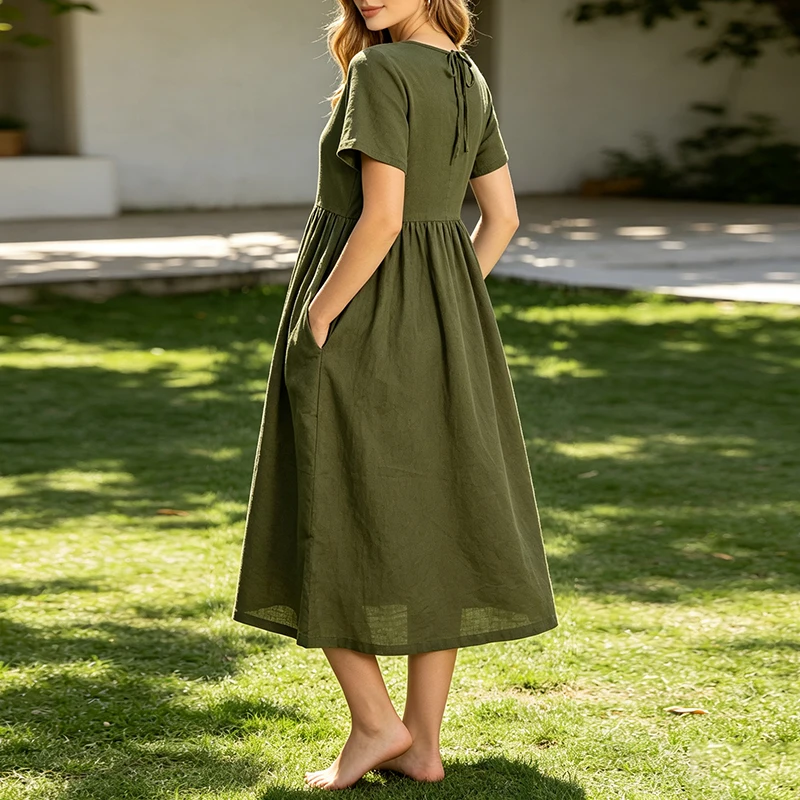 Women's Cotton Linen A-Line Midi Dress Summer Casual