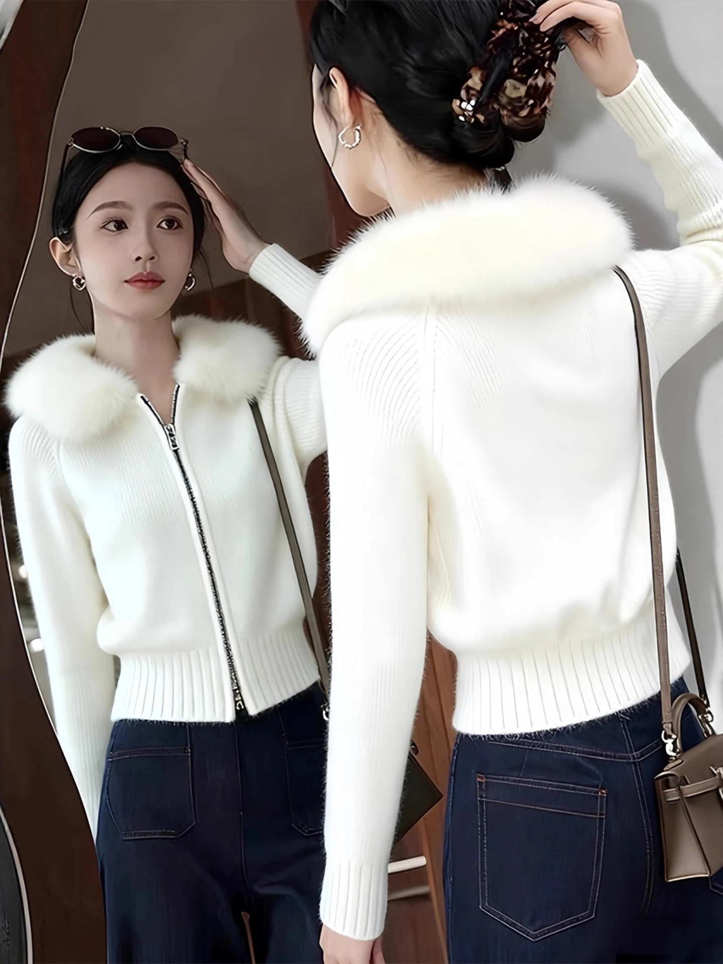 

Women's Knitted Sweater Coat with Furry Collar Casual Style plus Size Slim Fit White Open Cardigan Soft Polyester Fiber