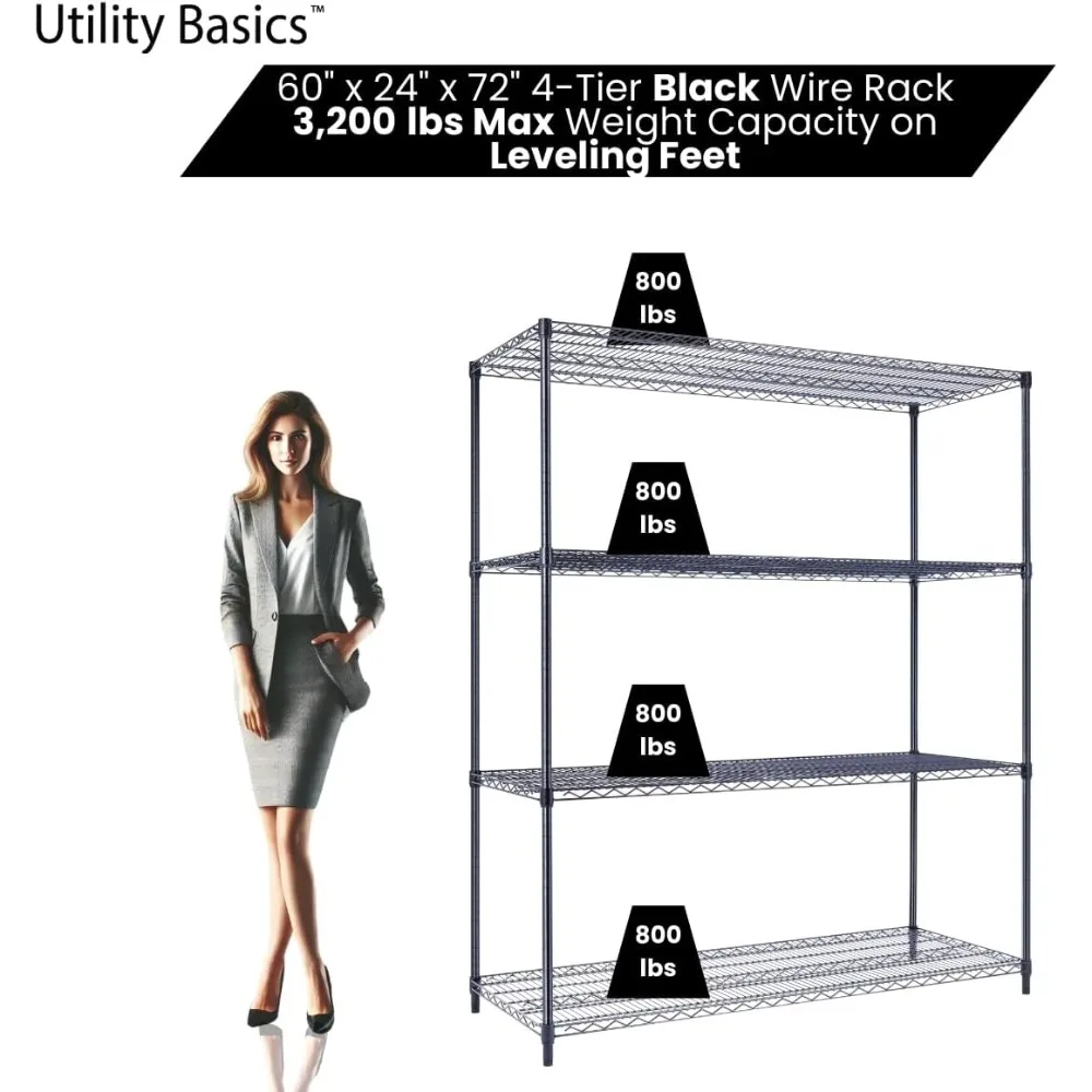 NSF Commercial 4-Tier Wire Shelving with Wheels,Heavy Duty Metal Shelves 3200 lbs Max Capacity, Black Storage Rack for Garage