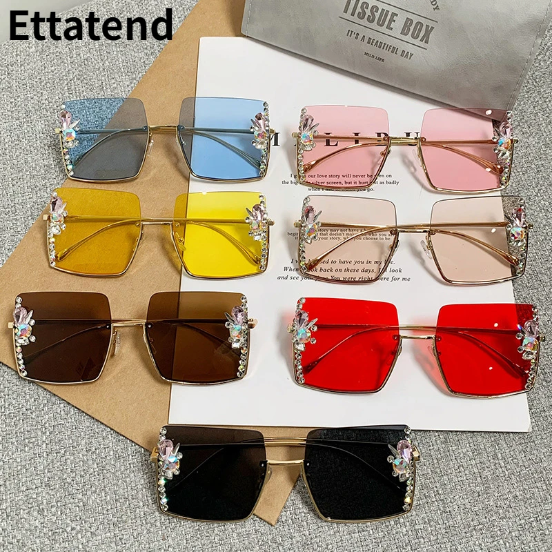 Fashion Half Frame Square Sungalsses Women Vintage Brand Designer Sun Glasses Bling Rhinestone Rectamgle Pink Shades Eyewear