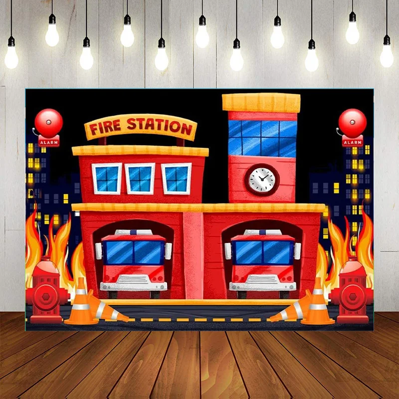 Fire Station Party Backdrop Fire Truck Decorations Alarm Bell Fire Hydrant Fire Background Photography Banner Props