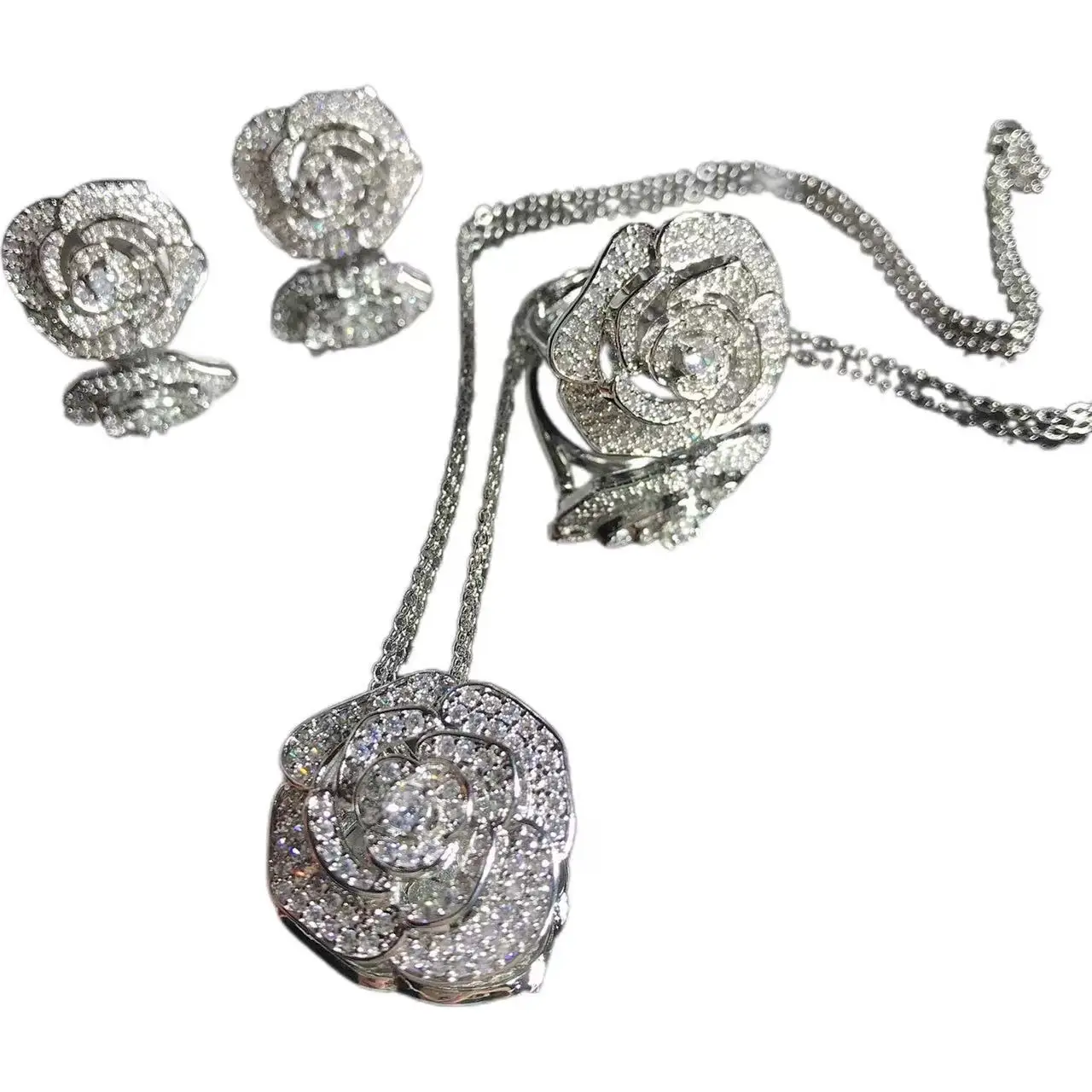 Y&Y Bright luxury niche three piece set camellia full of zircon ring temperament girl earrings