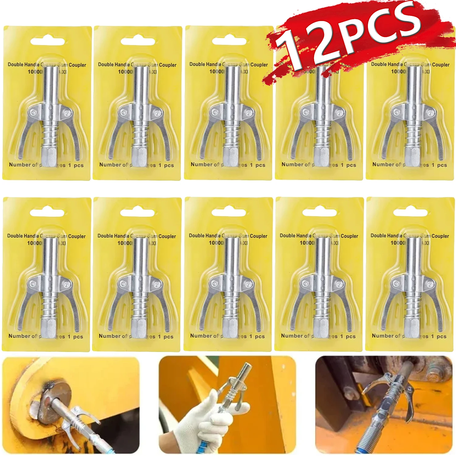 

6-12pcs Grease Gun Coupler 10000PSI Dual Handle Heavy Duty Quick Release Grease Nozzle Self-Locking Clamp-On Hand Tool NPT1/8"