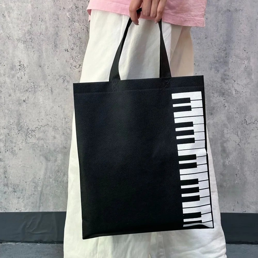 Reusable Music Handbag Non-woven Fabric Large Capacity Shopping Shoulder Bag Black + White Grocery Tote Bag Daily Commute