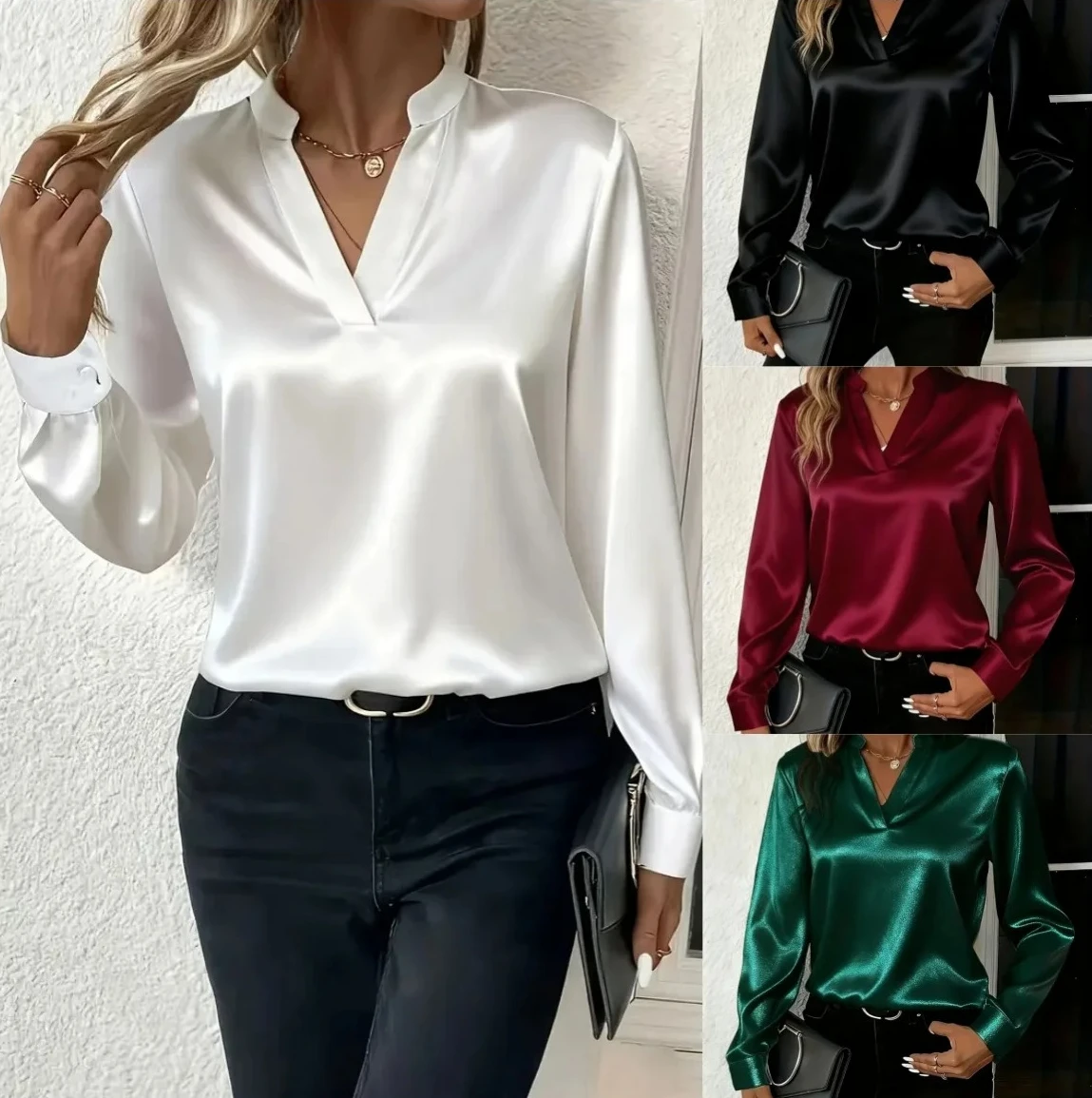 

Women Elegant Long Sleeve V-Neck Silk-Like Top for Women Perfect for Office & Evening Wear