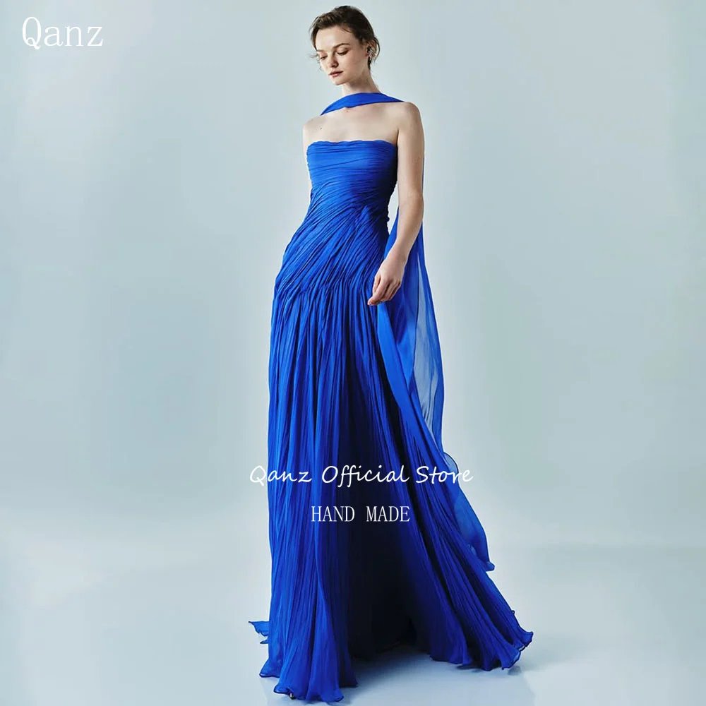 

Qanz Fashion Royal Blue Evening Dresses Royal Blue Chiffon Women‘s Prom Dresses Long A Line Pleat Vestidos De Festa Customized