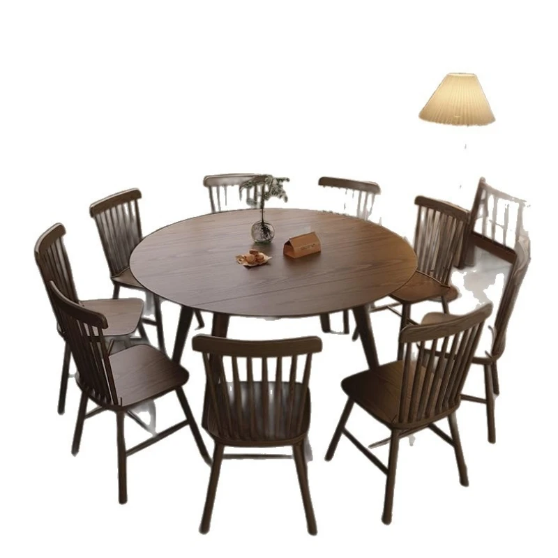 

Solid wood folding round dining table household small apartment table and chair combination square table variable retractable