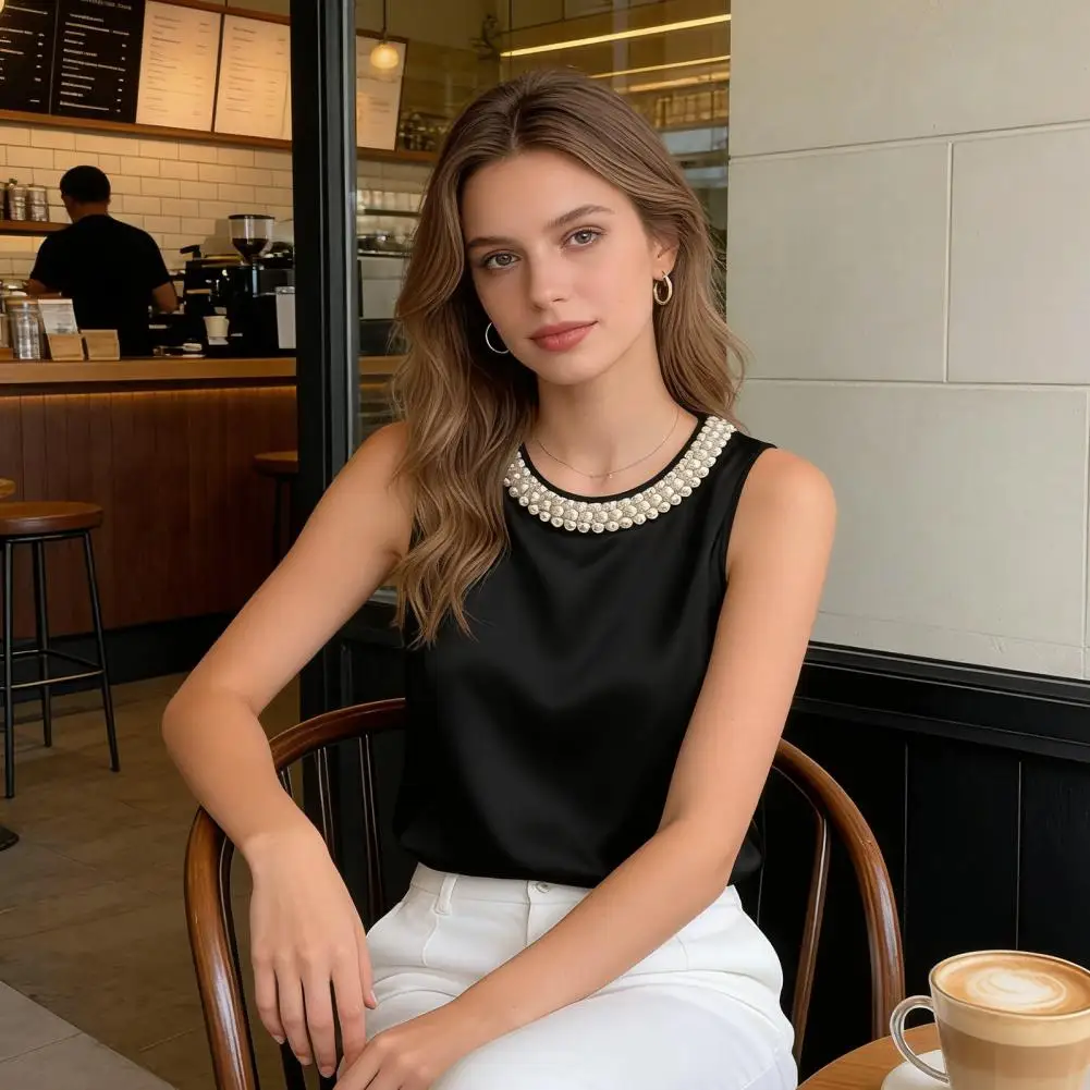 

Satin Shirt Women Vest Summer Bead Design Collar Silk Blouse Women T-Shirts Fashion Loose Vest Women Tank Tops Fashion Lady Tee