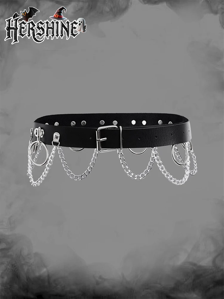 HERSHINE Women's Black Fashion Chain and Ring Embellished Belt, Y2K Gothic Punk Harajuku Rock Hip Hop Accessory，spring，summer
