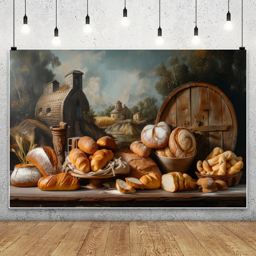 Rural Vintage Kitchen Photography Background Brown Wooden Cabinet Bread Donut Fruits Melons Kids Portrait Backdrop Photo Studio