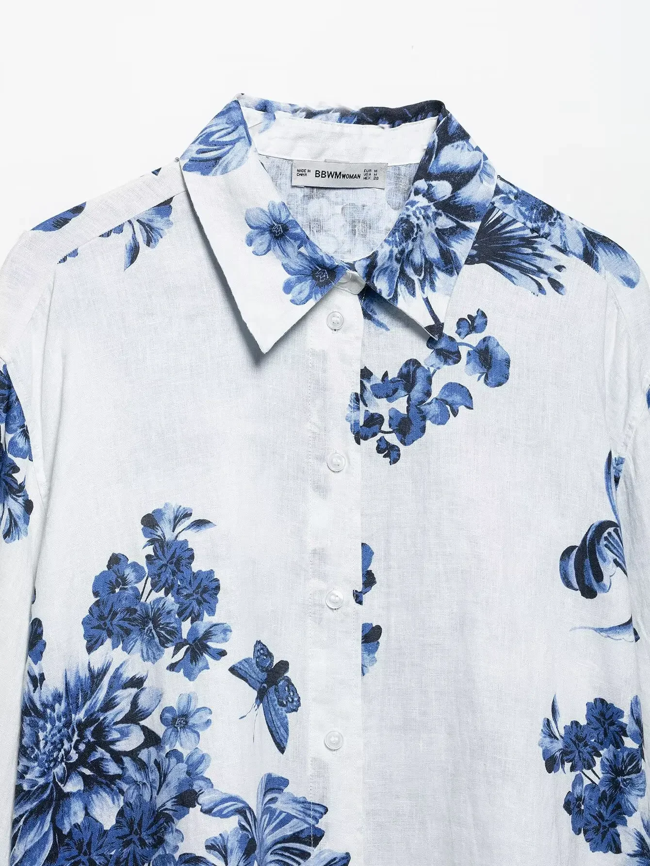 ชุดเดรสกระโปรงยาวปานกลางเอวสูงลายดอกไม้ เสื้อแขนยาวผ้าป๊อปลิน กระโปรงครึ่งท่อน ชุดเซ็ตสองชิ้นฤดูร้อนสำหรับผู้หญิง เสื้อเชิ้ตลายดอกไม้สีฟ้า