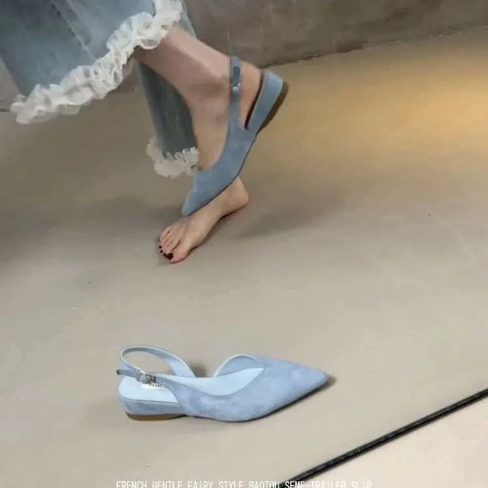 2026 New Women's Pointed Toe Slingback Flats Suede Low Wedge Sandals Buckle Strap Casual Summer Office Shoes