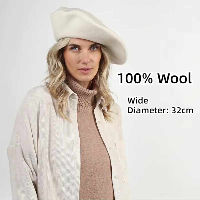 

New Oversized 100% Wool Berets Women Autumn Winter 32cm Big Beret Large Size Men Hat Painter Hat Female Warm Walking Cap