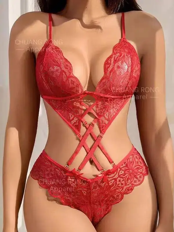Women's Deep V Bodysuits Fan-Shaped Trim Sexy Lace Backless Solid Color Transparent Hollow Out Pure Desire Casaul Bodysuits F45I