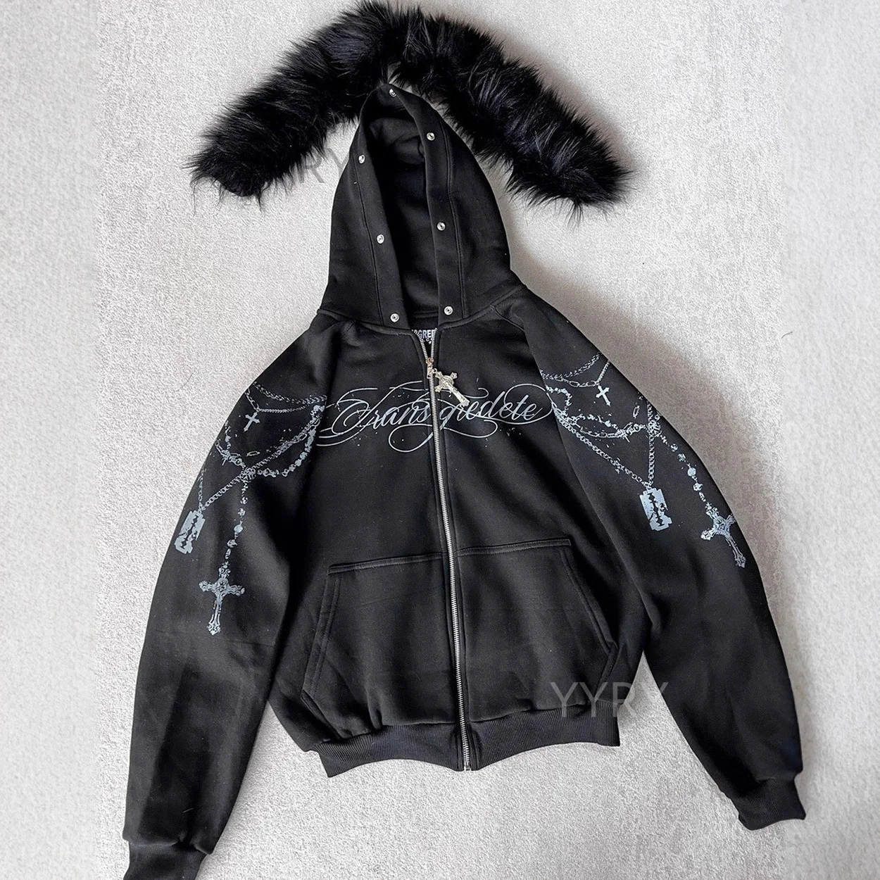 

Y2k Harajuku fairycore Millennium Personalized Printed vintage Aesthetic Zipper Detachable Hairy Hat Hoodie Long Sleeve Hoodies