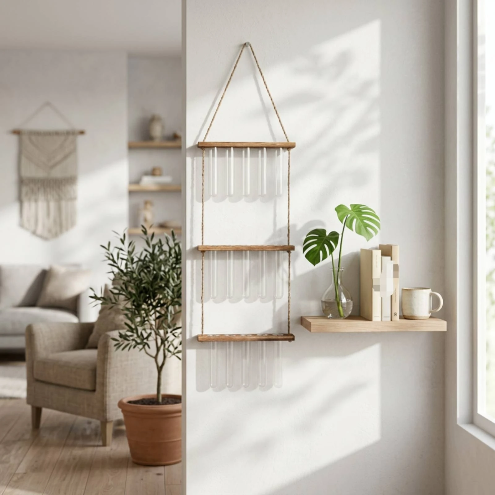 Hydroponic Wall Planter Rustic Decor Wooden Frame Glass Planter Wall Hanging Propagation Station Space-Saving House Decoration
