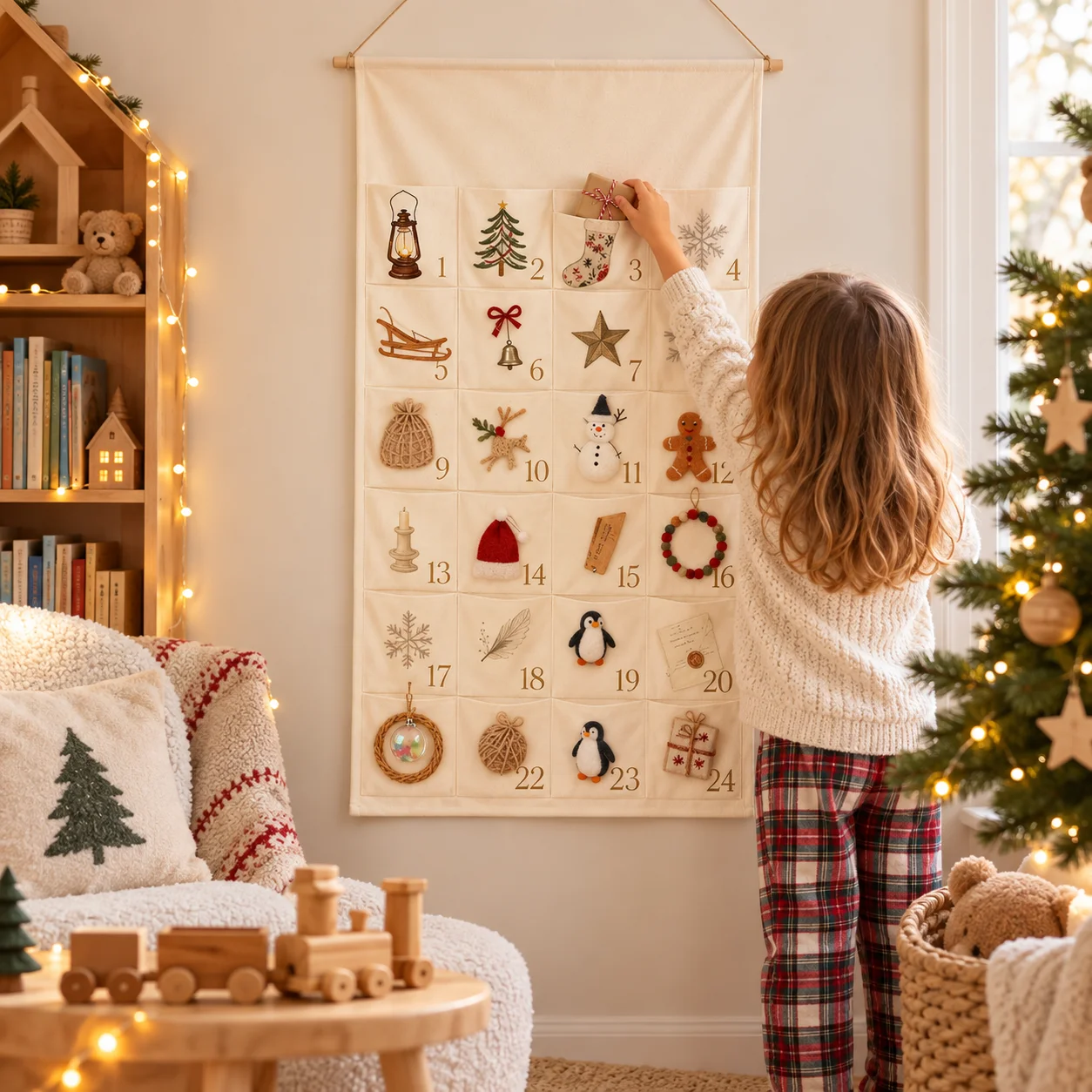 Hanging Christmas Advent Calendar With Daily Surprise Gift Pockets For Children Family Party December Holiday Wall Decoration