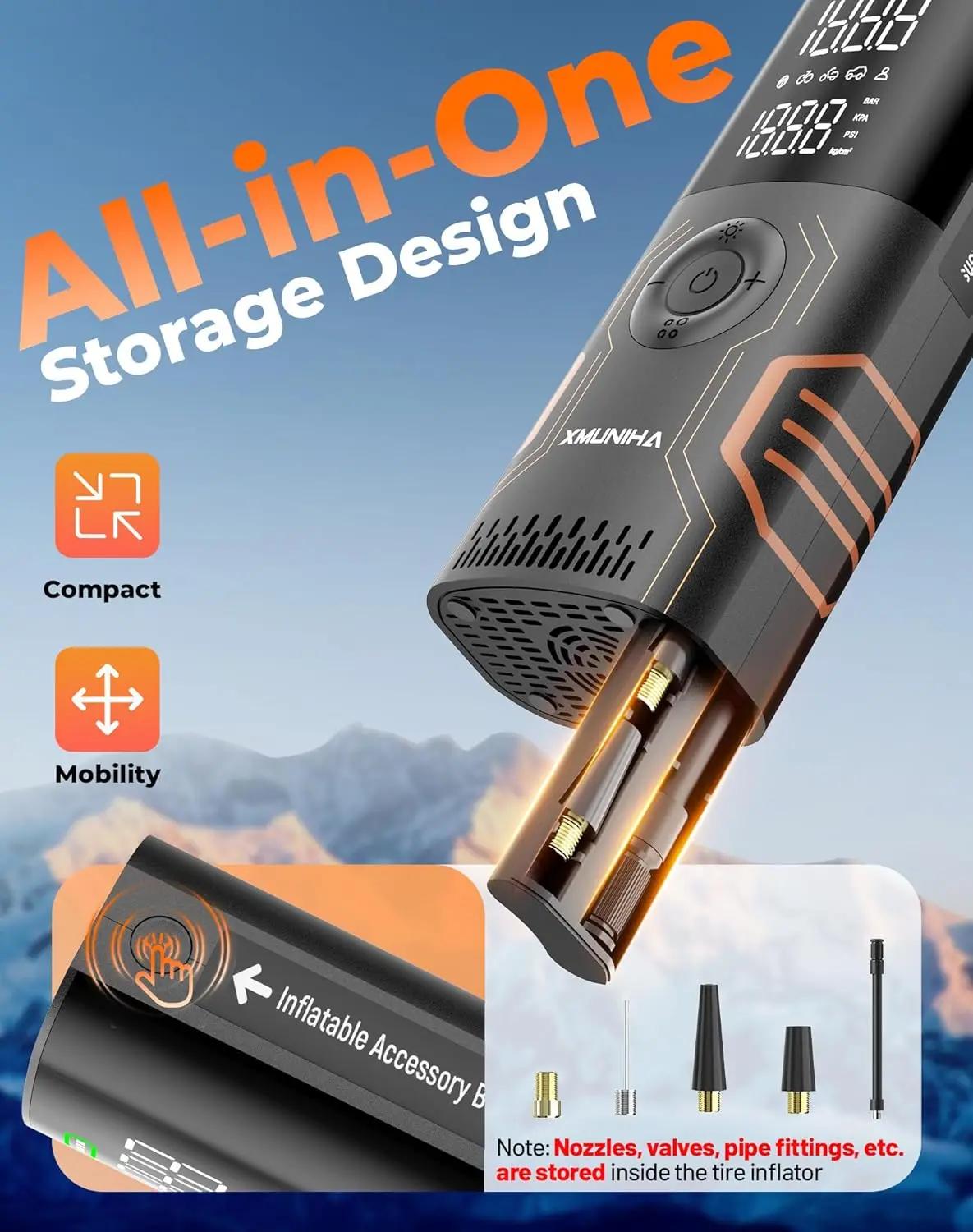 Gonfiatore portatile per pneumatici con controllo APP, pompa ad aria con manometro digitale 150PSI per auto, moto, bici e palline