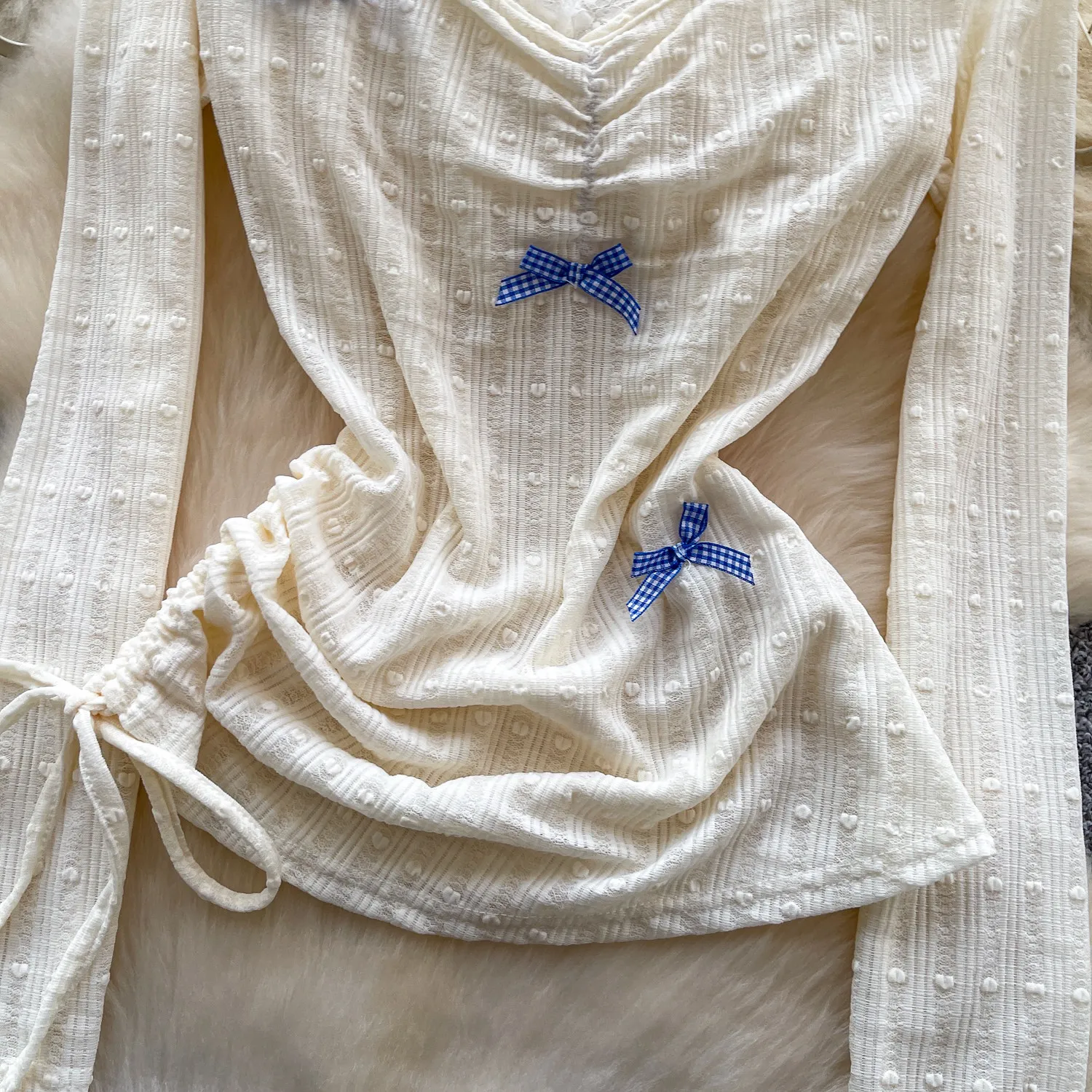 2026年春 韓国風 ルーズ レースアップ プルオーバー ウエストシェイプ フェイクツーピース トップス レディース ボウレース スプライシング 長袖トップス