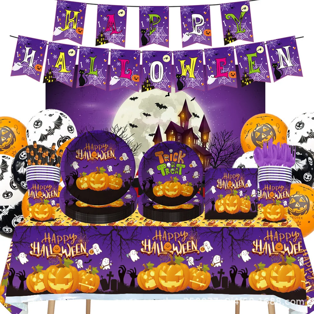 Halloween-Dekorationen, Kürbis- und Geister-Motiv, Einweg-Pappteller, -becher und -servietten, Party-Tischgeschirr-Set.