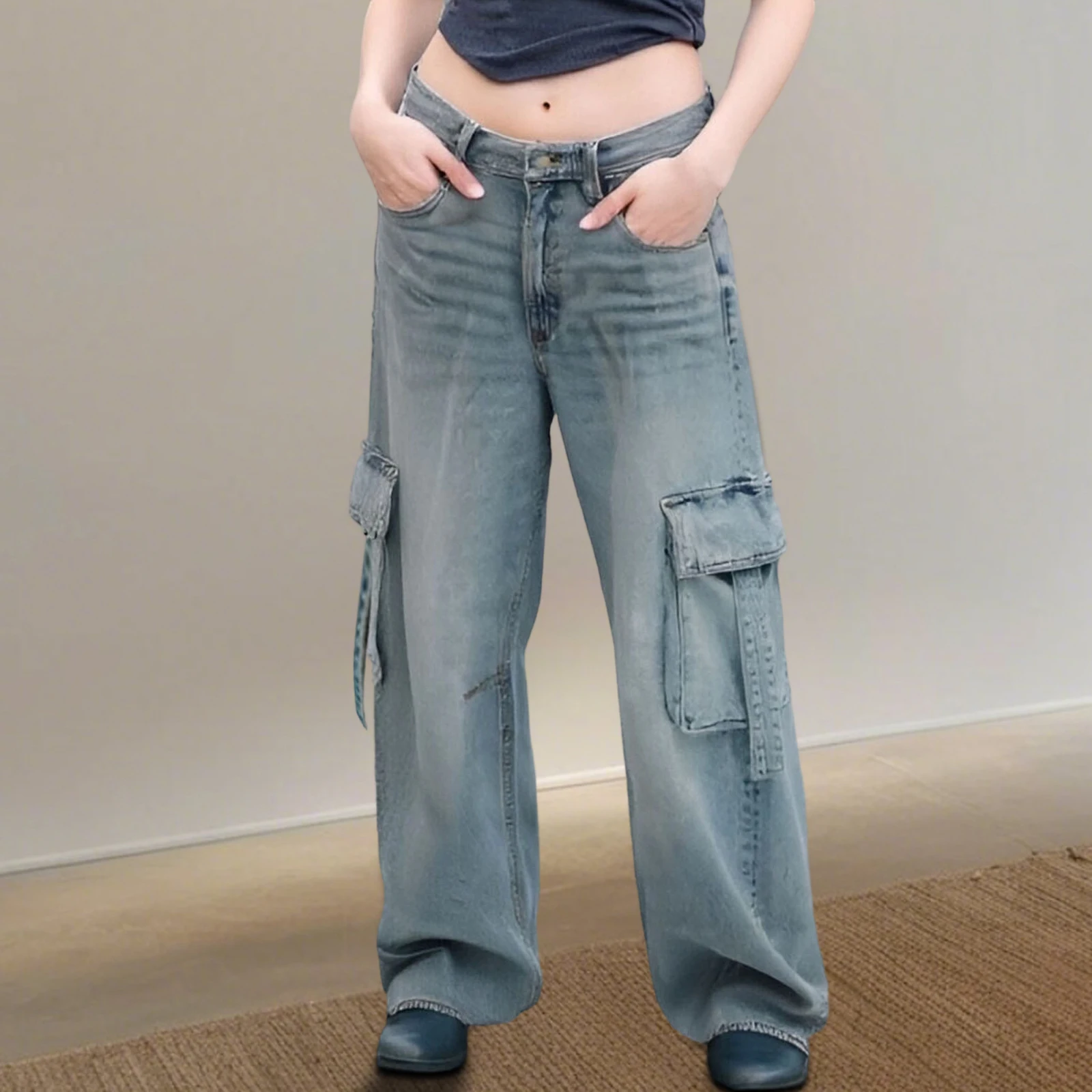 Pantalones vaqueros holgados cargo para mujer, pantalones vaqueros de talle bajo con múltiples bolsillos, pantalones largos informales para oficina al aire libre