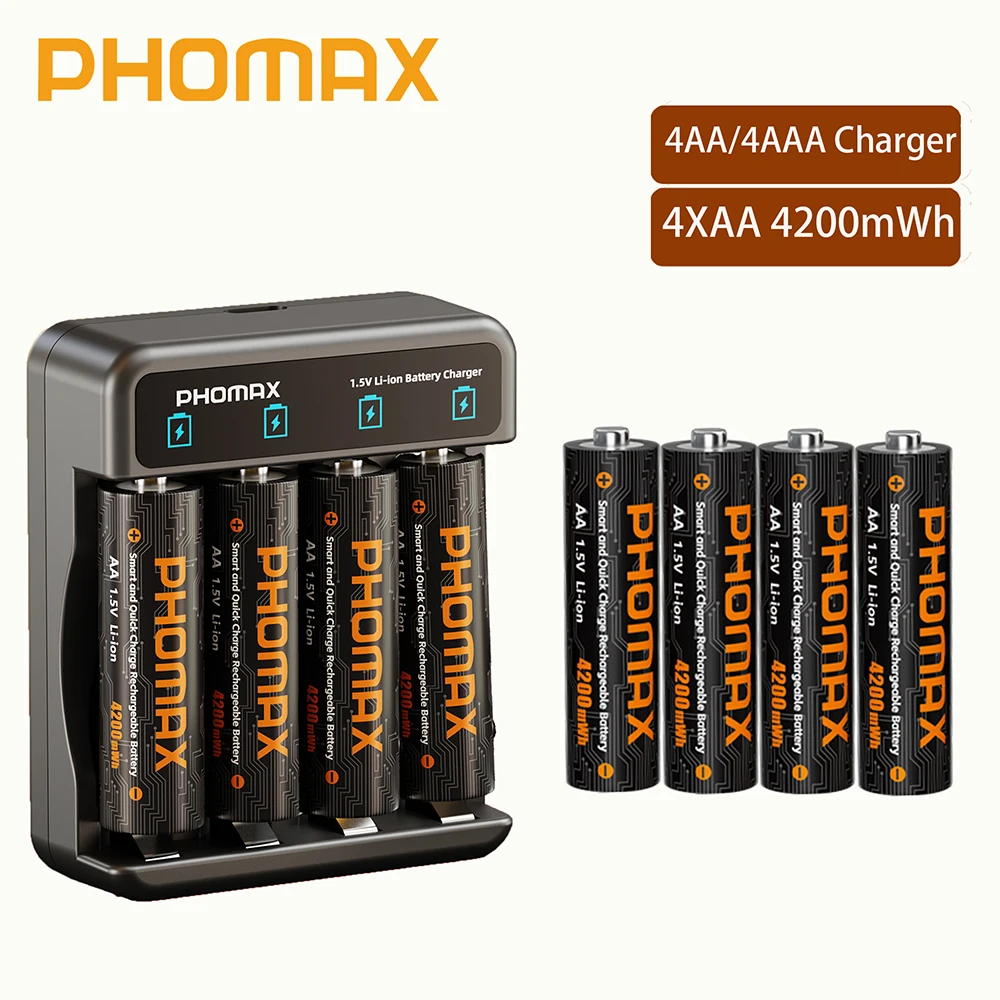 PHOMAX 2-32PC Oplaadbare lithiumbatterij 12-slots slimme snellader 1,5 V AA 4200 mWh batterijen voor koplamp speelgoedauto multimeter