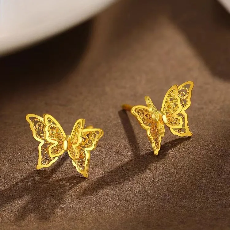 

Fashion Ins Hollow Butterfly Earrings Gold 18K Thick 999 Gold Color Earrings Stud for Women Wedding Engagement Jewelry Gifts